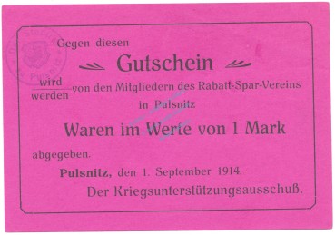 Pulsnitz , Notgeld 1 Mark Schein unc-kfr. Bühn.6078.3 , Notgeld 1914-15 -4322-