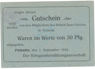 Pulsnitz , Notgeld 50 Pfennig Schein unc-kfr. Bühn.6078.2 , Notgeld 1914-15 -4321-