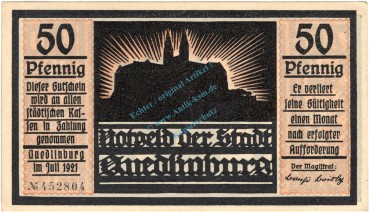 Quedlinburg , Notgeld 50 Pfennig Nr.4 -orange- unc-kfr. M-G.1087.4 , SA 1921 Seriennotgeld -5872-