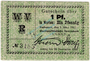 Rathenow , Notgeld 1 Pfennig Schein F-kfr. Ti.5915.15.15 BBG 1917 Verkehrsausgabe -4328-