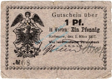 Rathenow , Notgeld 1 Pfennig Schein gbr. Ti.5915.15.01 BBG 1917 Verkehrsausgabe -4324-