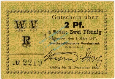 Rathenow , Notgeld 2 Pfennig Schein unc-kfr. Ti.5915.15.16 BBG 1917 Verkehrsausgabe -4326-