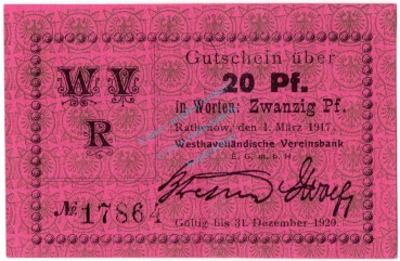 Rathenow , Notgeld 20 Pfennig Schein F-kfr. Ti.5915.15.19 BBG 1917 Verkehrsausgabe -4329-