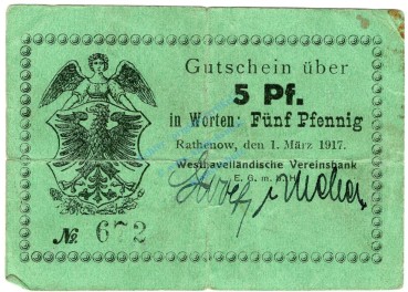 Rathenow , Notgeld 5 Pfennig Schein gbr. Ti.5915.15.03 BBG 1917 Verkehrsausgabe -4325-