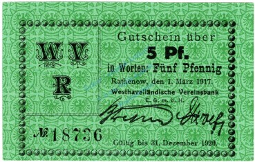 Rathenow , Notgeld 5 Pfennig Schein unc-kfr. Ti.5915.15.17 BBG 1917 Verkehrsausgabe -4327-