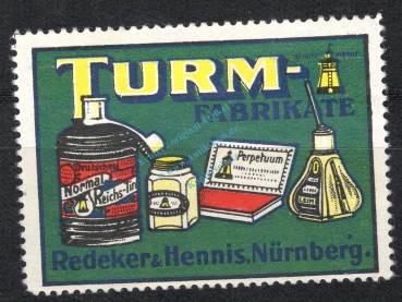 Reklamemarke Nürnberg -Turm-Fabrikate, Redeker und Hennis- unc-kfr. -0228-
