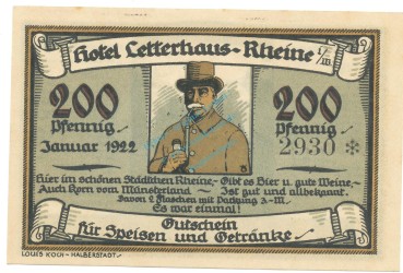 Rheine , Notgeld 200 Pfennig -Letterhaus- unc-kfr. M-G.1118.1 , NRW 1922 Seriennotgeld -5845-