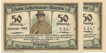 Rheine , Notgeld 50 Pf. -2 x KN fortlaufend- unc-kfr. M-G.1118.1 , NRW 1922 Seriennotgeld -5847-