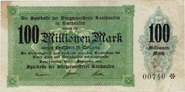 Rotthausen , 100 Millionen Mark Grossnotgeld gbr. RHL 1923 Inflation -3739-