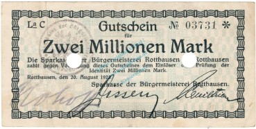 Rotthausen , 2 Millionen Mark Grossnotgeld Schein gbr.E RHL 1923 Inflation -3733-