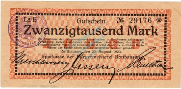 Rotthausen , 20.000 Mark Grossnotgeld Schein gbr. RHL 1923 Inflation -3730-