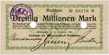 Rotthausen , 30 Millionen Mark Grossnotgeld Schein gbr.E RHL 1923 Inflation -3734-