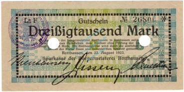 Rotthausen , 30.000 Mark Grossnotgeld Schein L-gbr.E RHL 1923 Inflation -3732-