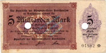 Rotthausen , 5 Milliarden Mark Grossnotgeld gbr.E RHL 1923 Inflation -3741-