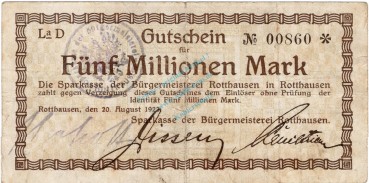 Rotthausen , 5 Millionen Mark Grossnotgeld Schein gbr. RHL 1923 Inflation -3737-