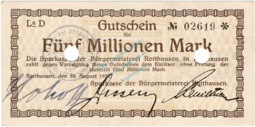 Rotthausen , 5 Millionen Mark Grossnotgeld unc-kfr.E RHL 1923 Inflation -3738-