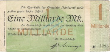 Rüdenroth , Notgeld 1 Milliarde Mark Schein gbr. RHL 1923 Inflation -3726-