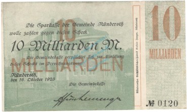 Rüdenroth , 10 Milliarden Mark Grossnotgeld Schein gbr. RHL 1923 Inflation -3727-