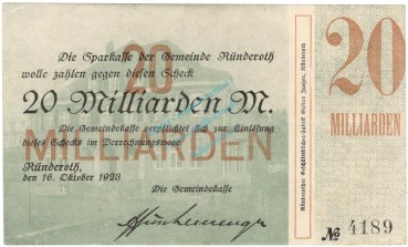 Rüdenroth , 20 Milliarden Mark Grossnotgeld Schein gbr. RHL 1923 Inflation -3728-
