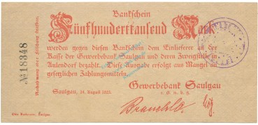 Saulgau , Banknote 500.000 Mark Schein gbr. Ke.4724 , WÜR 1923 Inflation -3652-