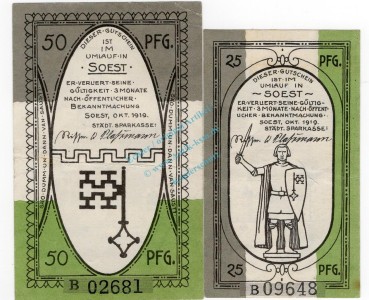 Soest , Notgeld Set 2 Scheine -B- L-gbr. Ti.6940.10.05-06 NRW 1919 Verkehrsausgabe -4323-