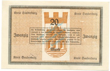 Preview: Sonderburg , Banknote 20 Mark Schein unc-kfr. Gei.501.04.a , SH 1918 Grossnotgeld -3680-