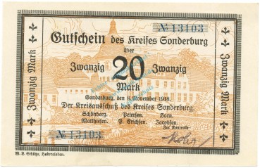 Sonderburg , Banknote 20 Mark Schein unc-kfr. Gei.501.04.a , SH 1918 Grossnotgeld -3680-