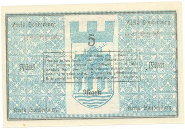 Preview: Sonderburg , Banknote 5 Mark Schein unc-kfr. Gei.501.03.a , SH 1918 Grossnotgeld -3679-