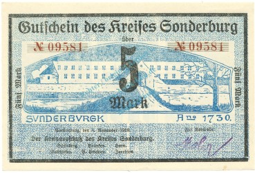 Sonderburg , Banknote 5 Mark Schein unc-kfr. Gei.501.03.a , SH 1918 Grossnotgeld -3679-