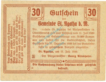 St. Agatha , Notgeld 30 Heller Schein unc-kfr. K-K.877.II.d , 1920 Ober Österreich -0571-