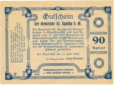 St. Agatha , Notgeld 90 Heller Schein unc-kfr. K-K.877.II.j , 1920 Ober Österreich -0570-
