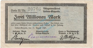 Uedem-Keppeln , 2 Millionen Mark Schein L-gbr. Ke.5257.c RHL 1923 Inflation -3724-