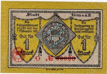Ulm , Banknote 1 Mark Schein entw. Gei.528.04 WÜR 1918 Grossnotgeld -3723-