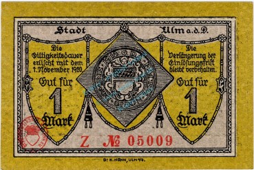 Ulm , Banknote 1 Mark Schein unc-kfr. Gei.528.04 WÜR 1918 Grossnotgeld -3722-
