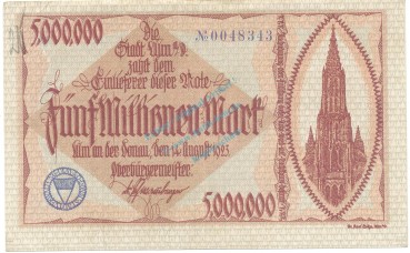 Ulm , Banknote 5 Millionen Mark Schein gbr. Ke.2280 , WÜR 1923 Inflation -3666-