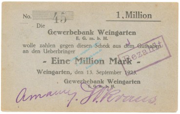 Weingarten , Banknote 1 Million Mark Scheck L-gbr. Ke.5512.C , WÜR 1923 Inflation -3672-