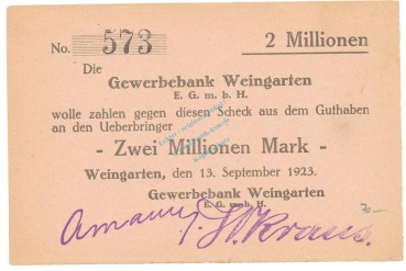 Weingarten , Banknote 2 Millionen Mark Scheck unc-kfr. Ke.5512.C , WÜR 1923 Inflation -3674-