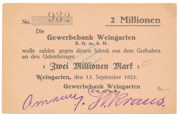 Weingarten , Banknote 2 Millionen Mark Scheck unc-kfr. Ke.5512.C , WÜR 1923 Inflation -3675-