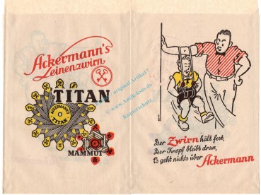 Werbung Reklametüte -Ackermanns Leinenzwirn TITAN- unc-kfr. Vintage Tante Emma -0261-
