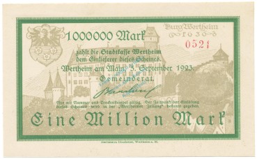 Wertheim , Banknote 1 Million Mark Schein unc-kfr. Ke.5573 , BAD 1923 Inflation -3669-