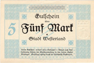 Westerland , Banknote 5 Mark -MUSTER- unc-kfr. Geiger.548.03.b , SH 1918 Grossnotgeld -3683-
