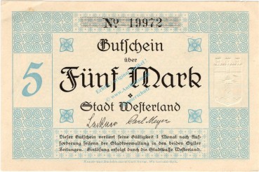Westerland , Banknote 5 Mark Schein unc-kfr. Geiger.548.05.a , SH 1918 Grossnotgeld -3684-