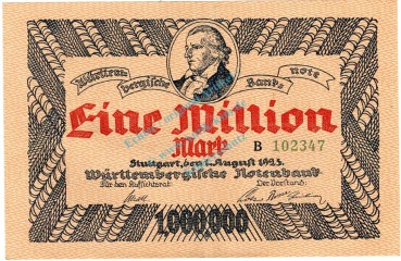 Württemberg , 1 Million Mark Schein L-gbr. WTB.19, Ros.779, P.988 , 1923 Länderbank -1330-