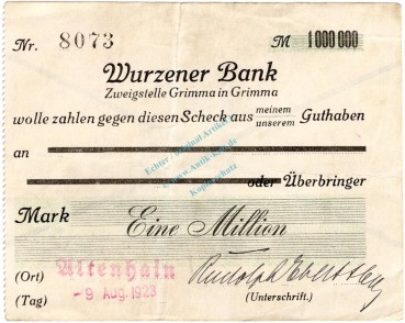 Altenhain , Banknote 1 Million Mark -- LP -- gbr. Bühn 2116.AM.1 , Sachsen 1923 Inflation
