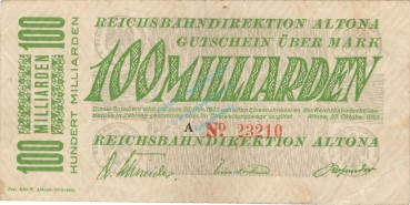 Altona , Banknote 100 Milliarden Mark Schein in gbr. Keller 80.k , Schleswig 1923 Inflation