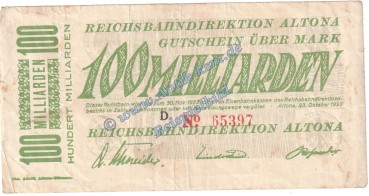 Altona , Banknote 100 Milliarden Mark Schein in gbr. Keller 80.m , Schleswig Holstein 1923 Grossnotgeld Inflation