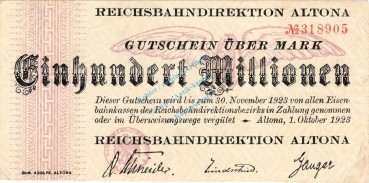Altona , Banknote 100 Millionen Mark Schein in gbr. Keller 80.i , Schleswig 1923 Inflation