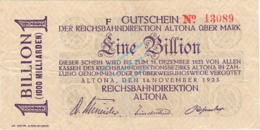 Altona , Banknote 1 Billion Mark Schein in gbr. Keller 80.p , Schleswig 1923 Inflation