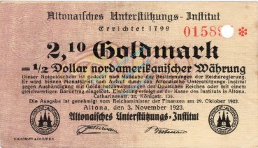Altona , Banknote 2,10 Goldmark Schein gbr.E , Müller 55.5 , Hamburg 1923 Wertbeständig