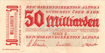 Altona , Banknote 50 Milliarden Mark Schein in gbr. Keller 80.k , Schleswig 1923 Inflation